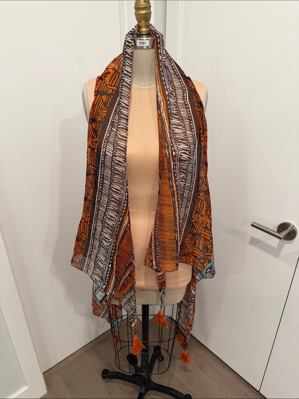 Boho Orange & Brown Patterned Scarf Wrap with Tassels
